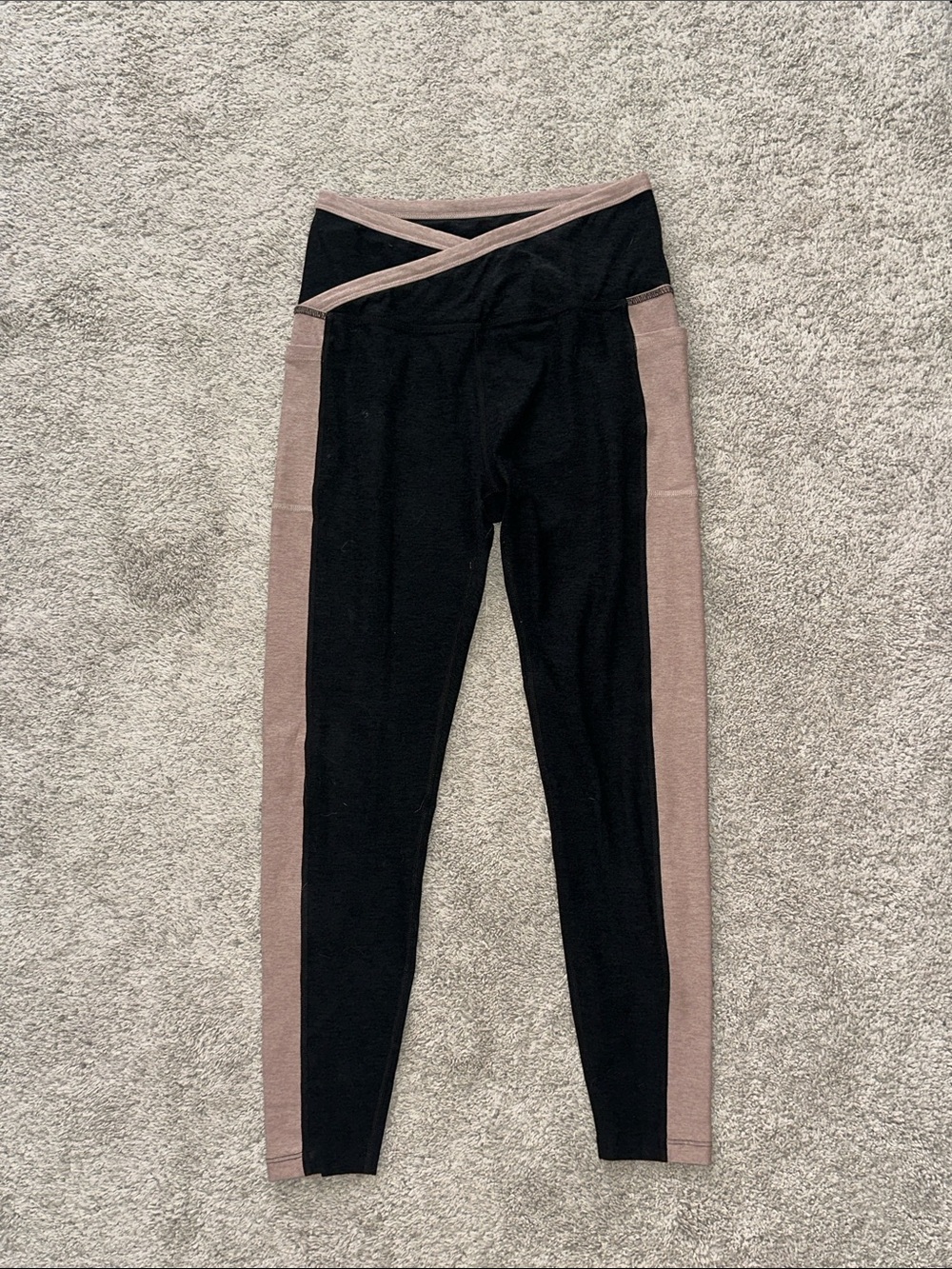 Beyond Yoga Black Leggings with Taupe Side Panels and Cross-Over Waistband